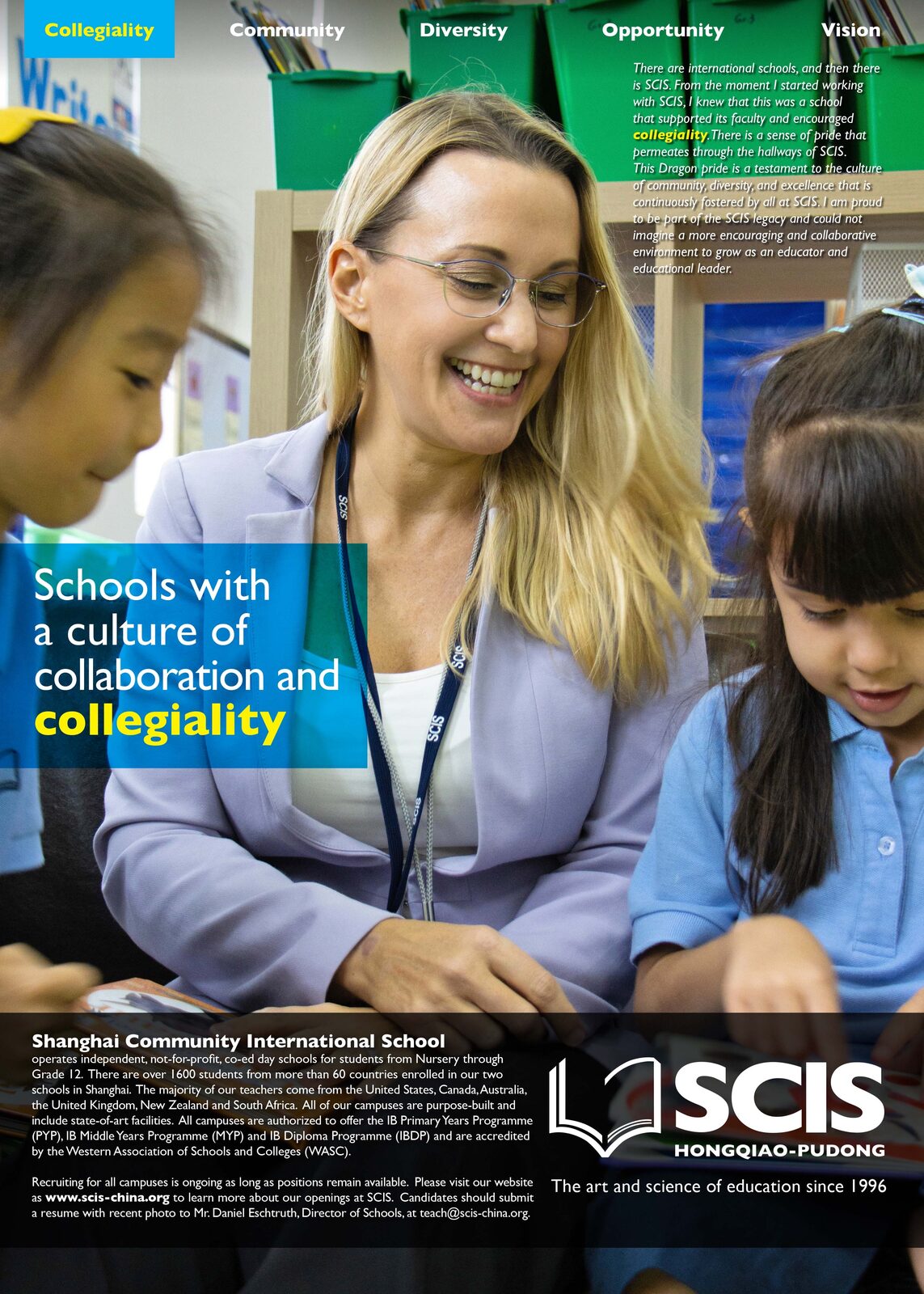 Smiling with young students in a classroom at Shanghai Community International School, featured in the school's collegiality campaign